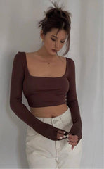 Crop Top Manga Larga Cuello Cuadrado