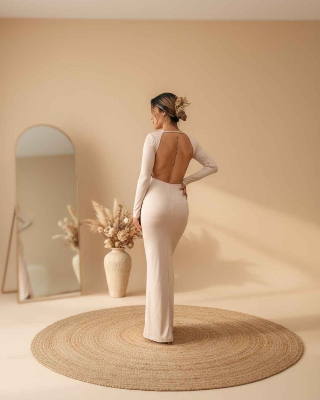 Vestido Manga Larga Espalda Descubierta