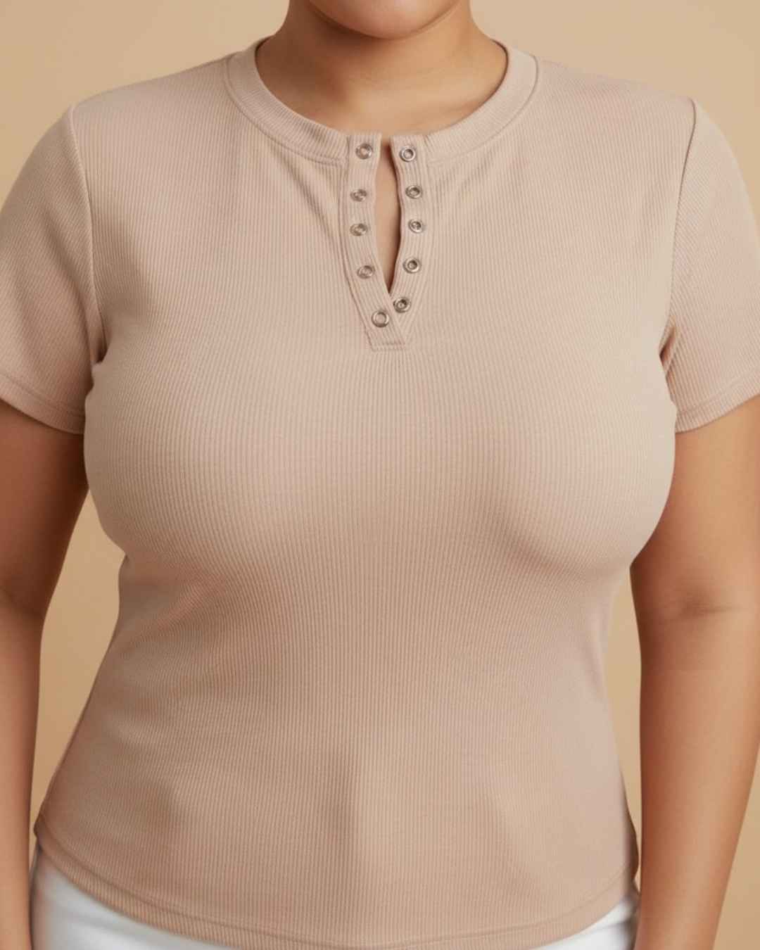 Blusa Rib Cuello Redondo Manga Corta Botones Plus