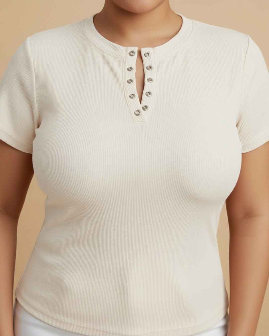 Blusa Rib Cuello Redondo Manga Corta Botones Plus