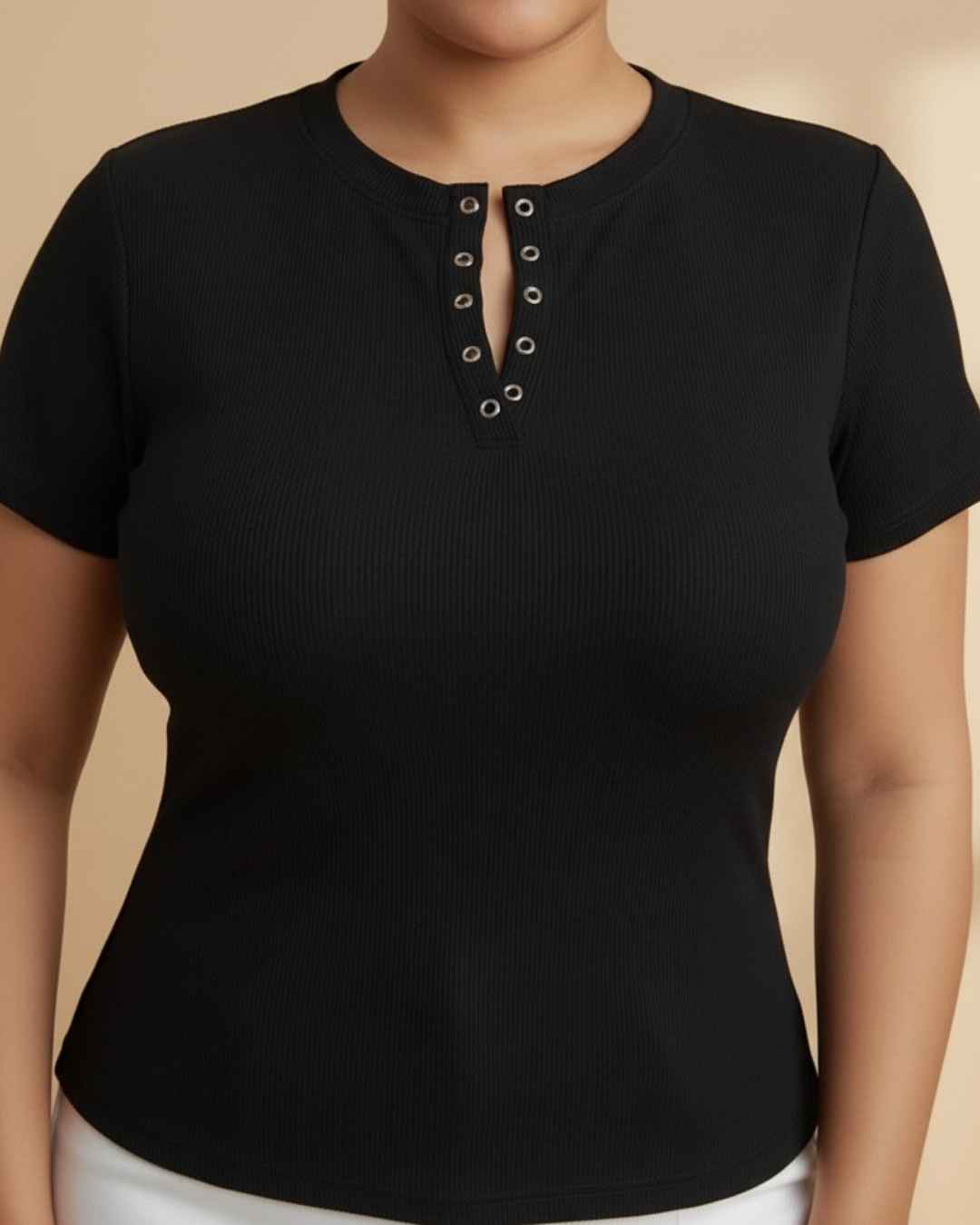 Blusa Rib Cuello Redondo Manga Corta Botones Plus