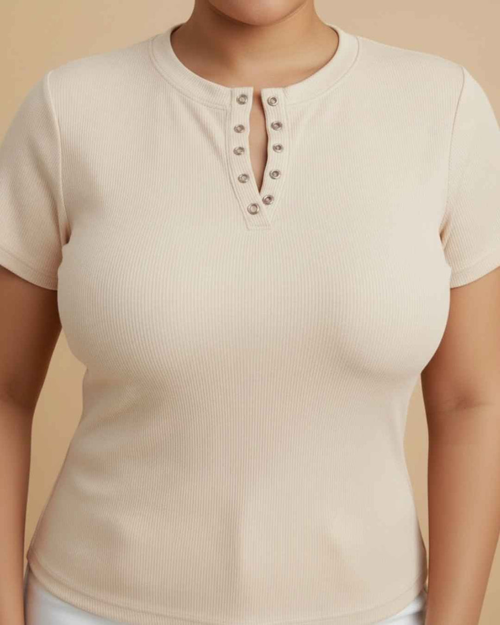 Blusa Rib Cuello Redondo Manga Corta Botones Plus