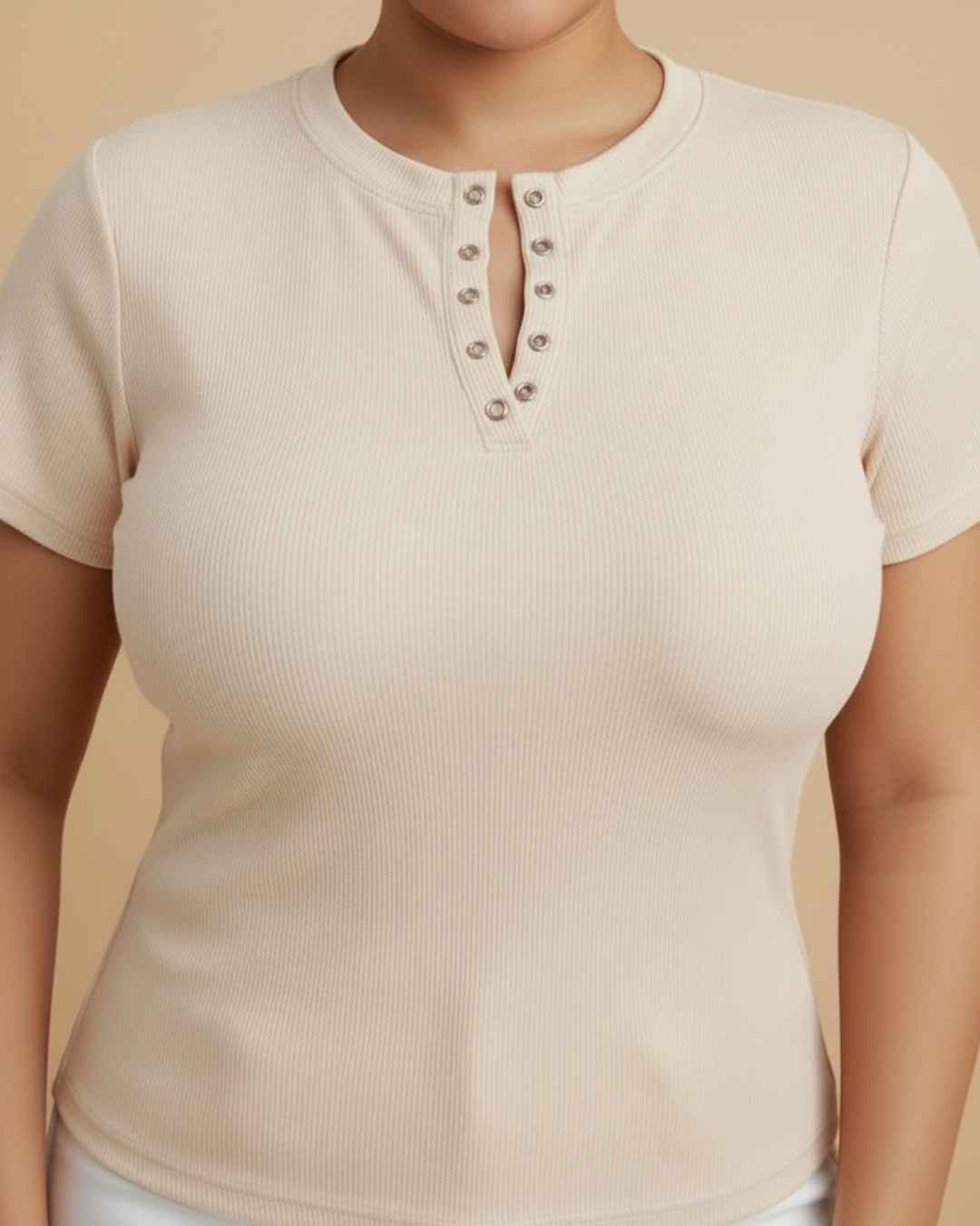 Blusa Rib Cuello Redondo Manga Corta Botones Plus