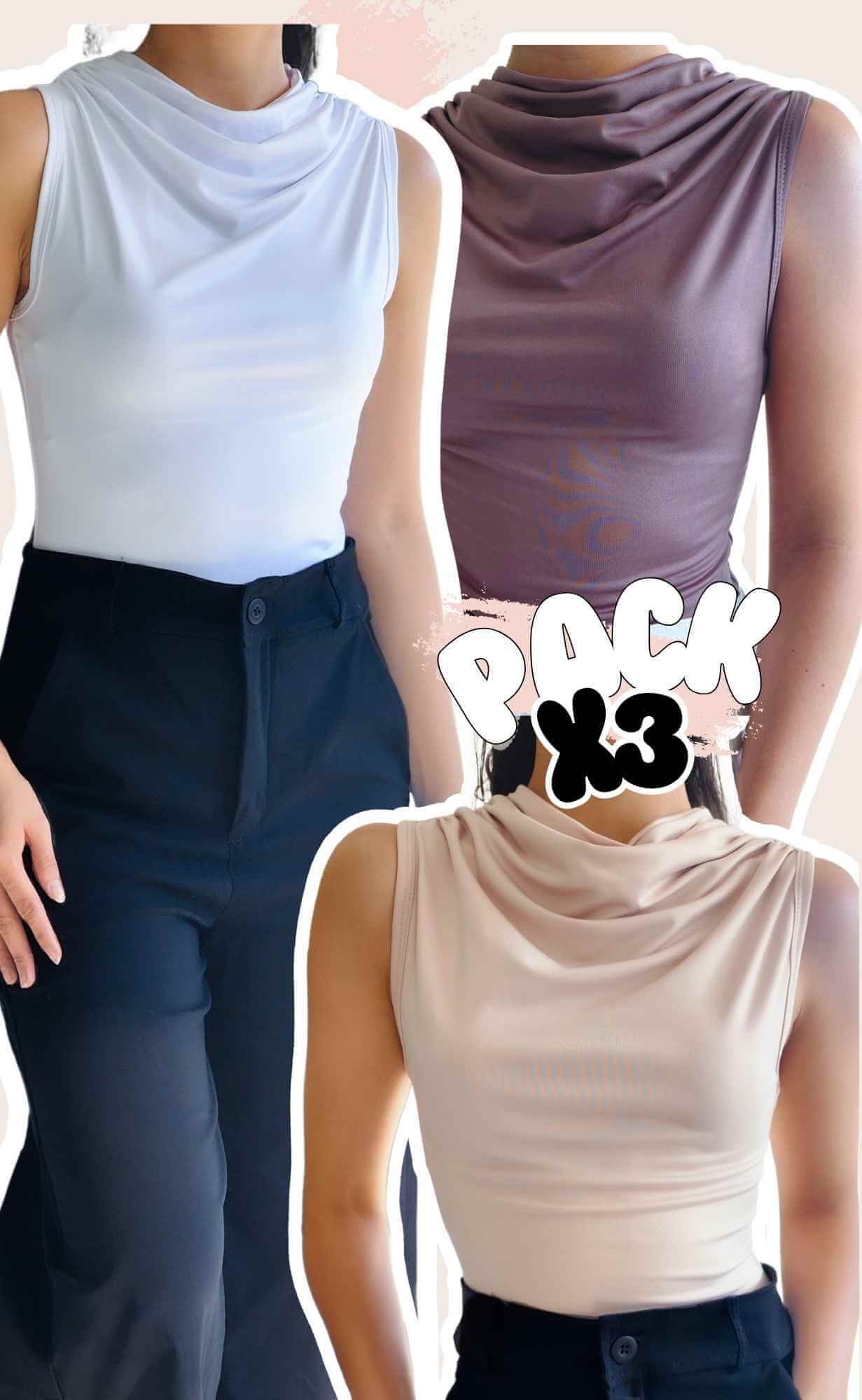 Pack X3 (Blanco, Cafe, Beige) - Body Siza Ancho con Cuello Descendido